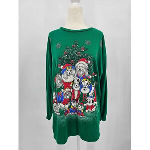 Vtg 90s Women's Green Christmas Santa Dogs Holiday Crewneck Sweater